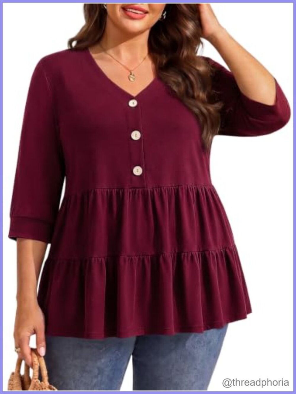 Plus Size Peplum Top 3/4 Sleeve V-Neck Button Blouse Loose Fit Tunic